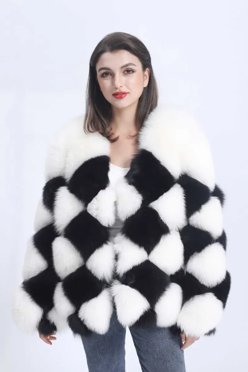 Premium Luxury Black And White Checked Real Fox Fur Coat For Women