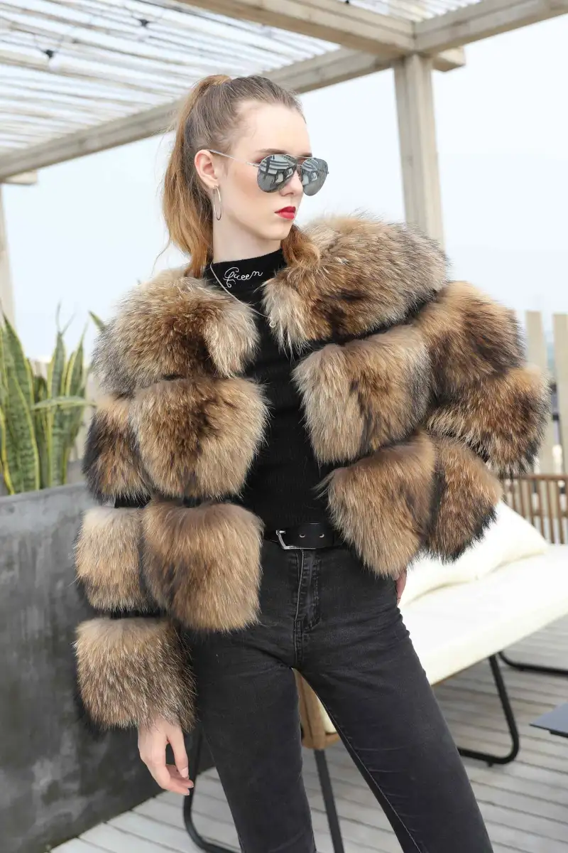 Winter Fashion Fluffy Natural Raccoon Fur Ladies Short Coat