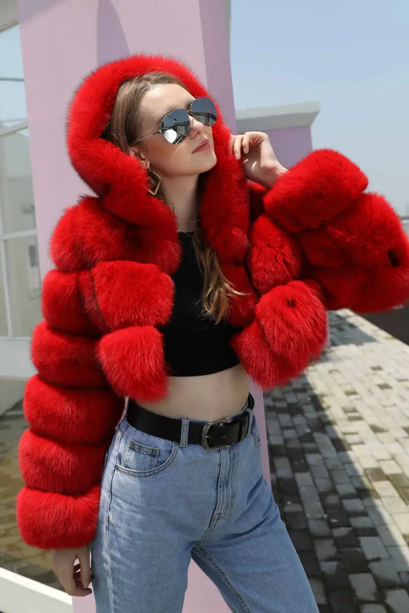 Fashion Short Genuine Fox Fur Coat Women's Winter Hooded Jacket