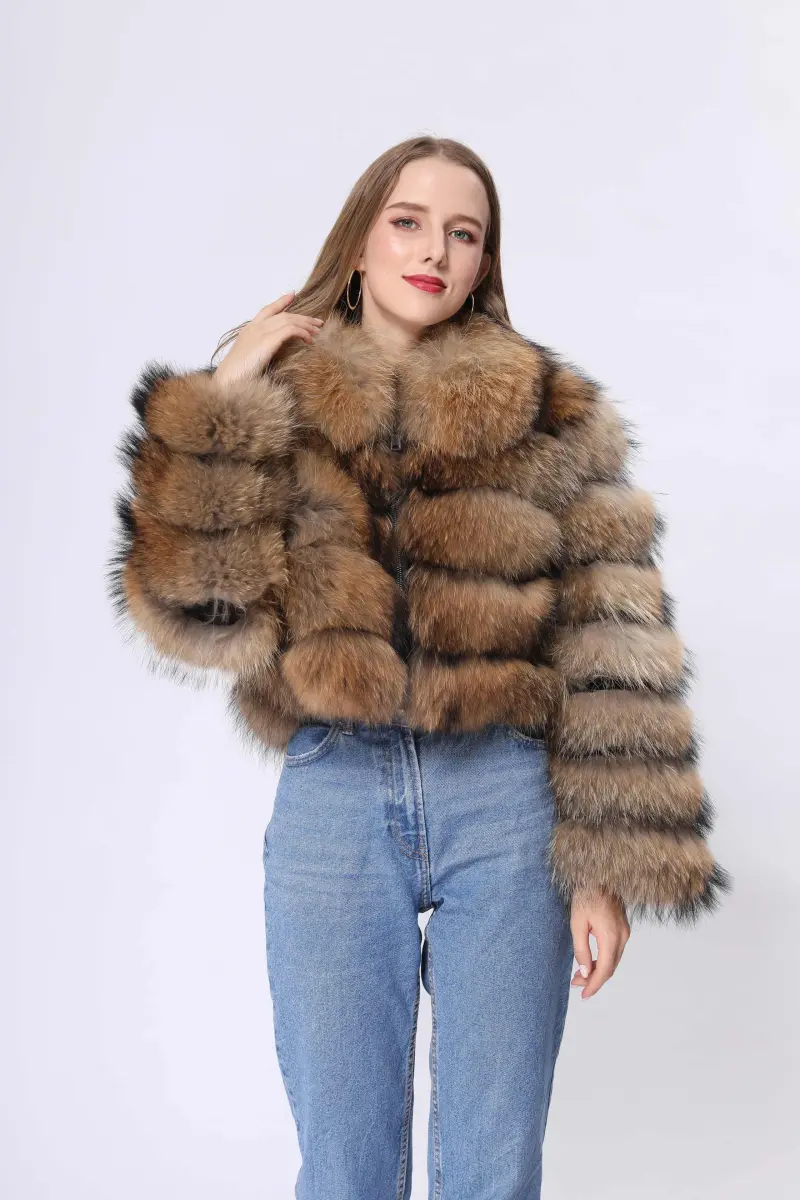 Lapel zipper raccoon fur coat 2