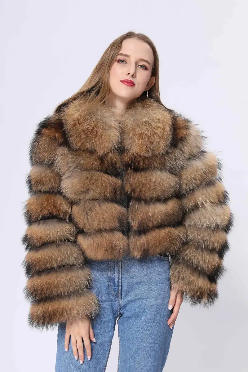Women's real raccoon fur coat European design warm winter jacket