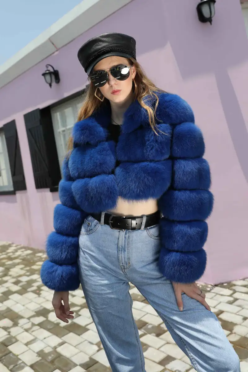 Winter Thick Warm Real Fox Fur Jacket Fashion Short Blue Fur Coat Women