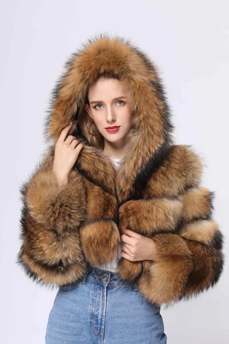 Fashion coat winter natural raccoon fur hooded short women's jacket