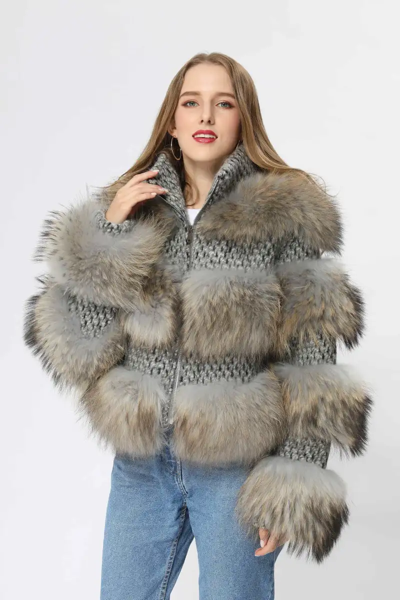 Fashion Women's Short Chanel Style Raccoon Fur Layered Coat