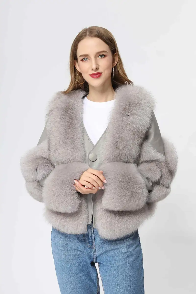 Short Style One Button Women's Real Fox Fur Fashion Jacket