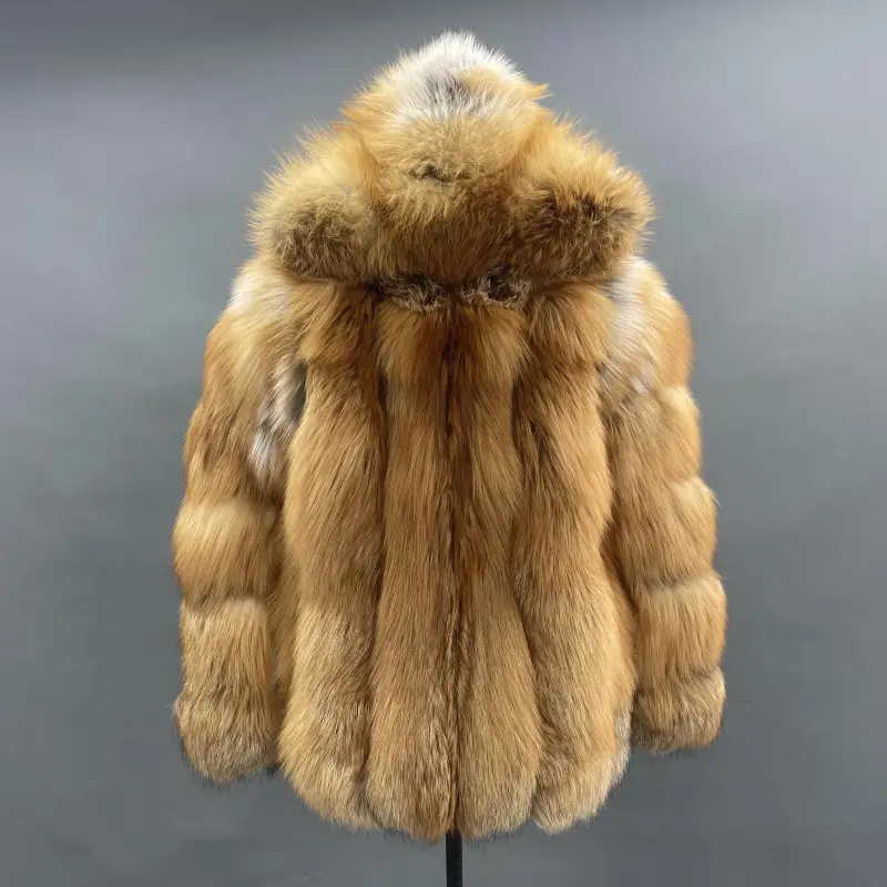 Men's Red Fox Fur Coat With Vertical Stripes And A Hood