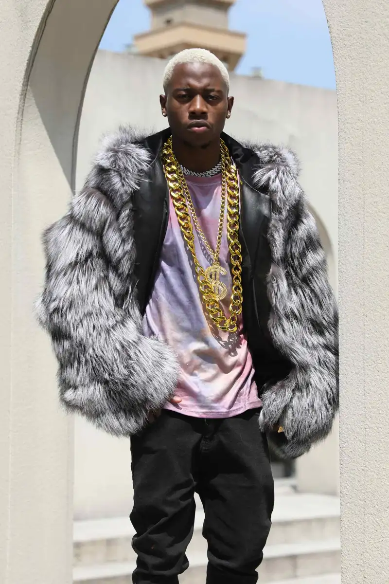 Silver Fox Diagonal Stripe Coat With A Hood