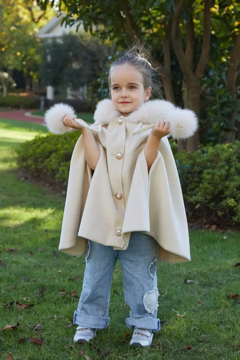New Children's Double Fur Ball Hooded Poncho Shawl