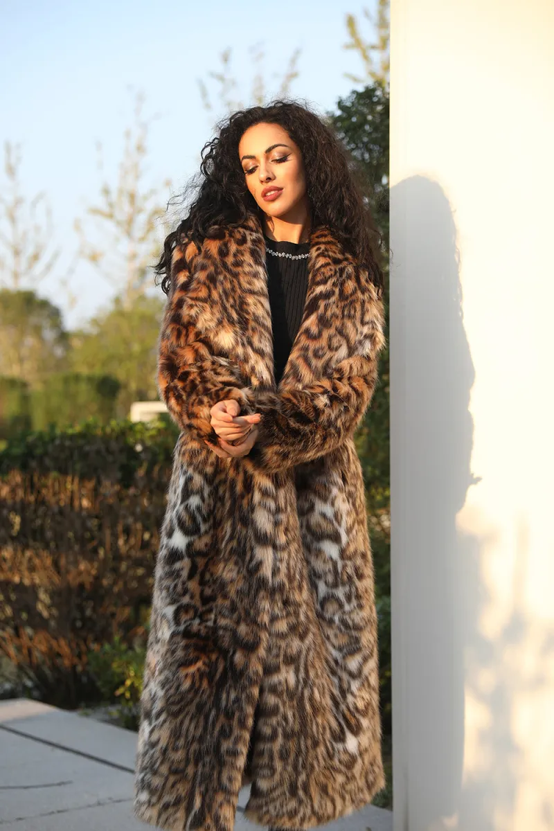 Winter Faux Fur Coat Long Women Leopard Print Lapel Fake Fur Jacket (29)