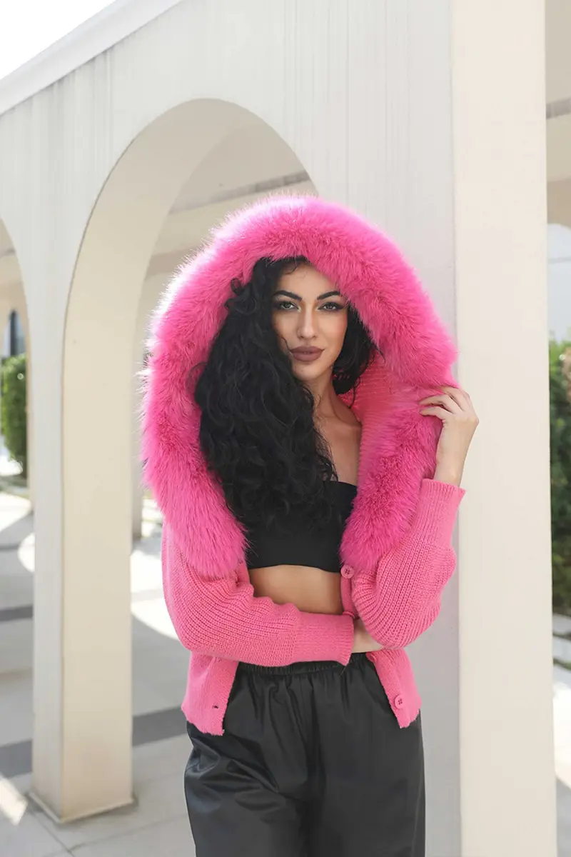Cropped Knit Button Jacket with Faux Fur Collar Womens Knit Cardigan-(67)