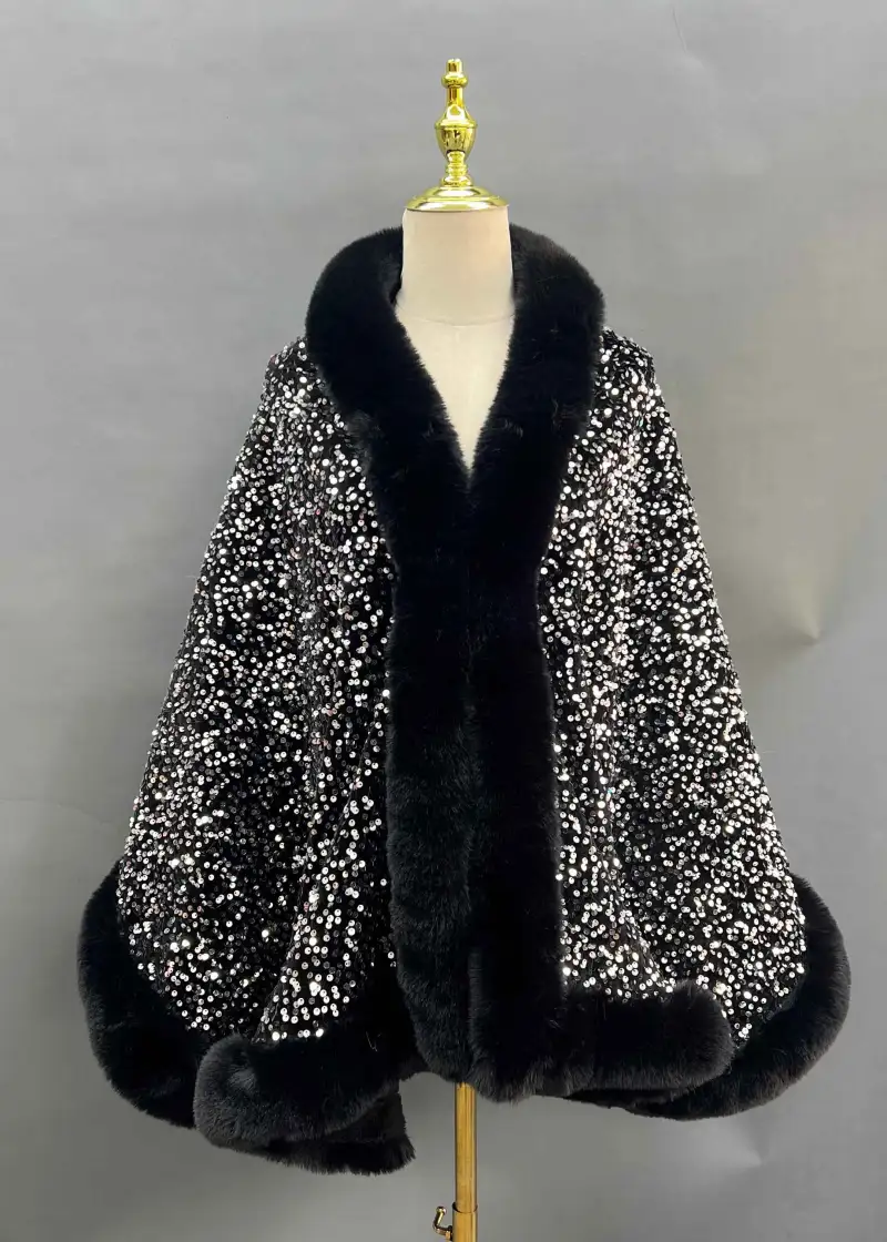 Fashionable Warm Faux Fur Sequined Cape Shawl-(36)