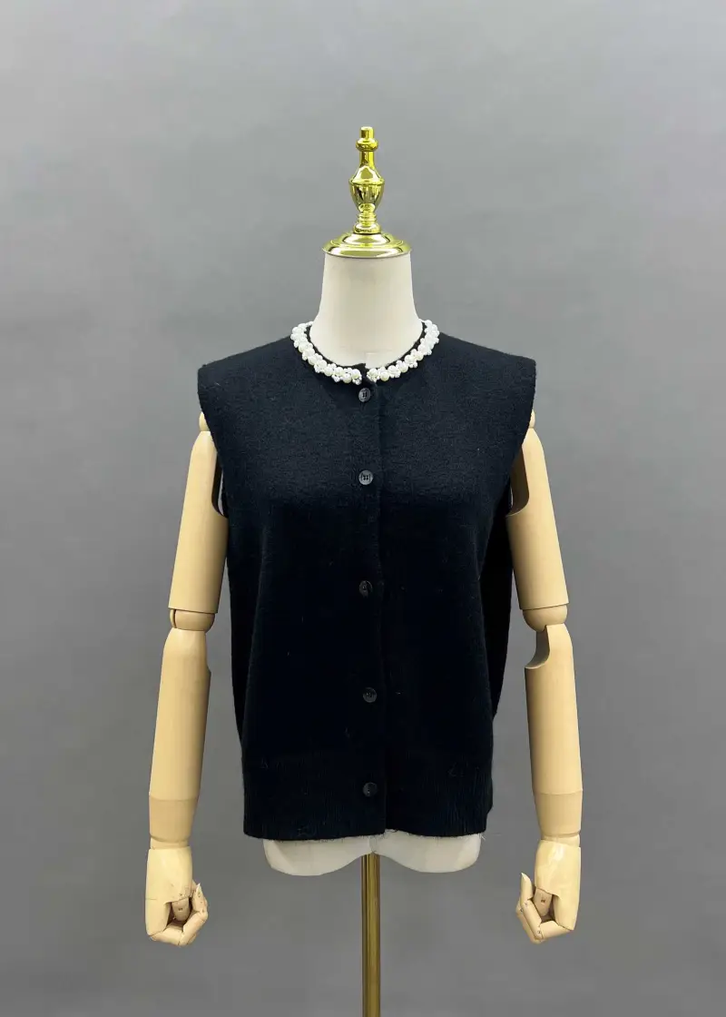 Womens Knitted Sleeveless Vest Neckline Pearl Decoration Fashion Vest-(10)