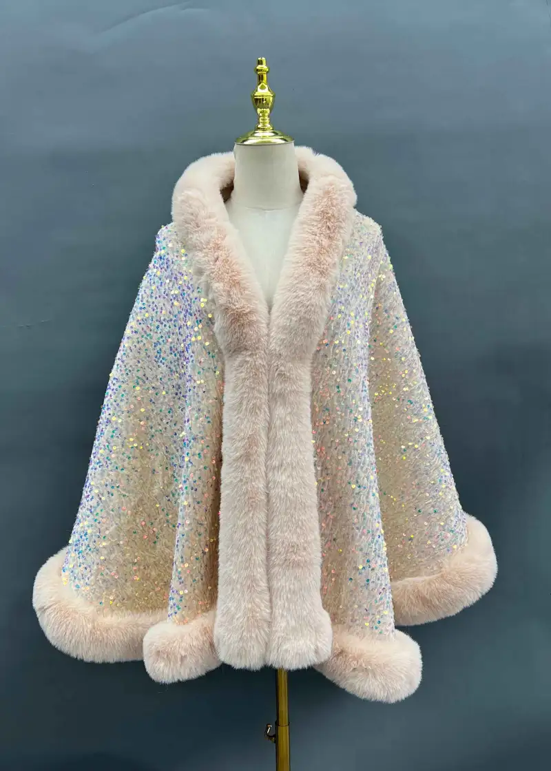 Janefur Fashionable Warm Faux Fur Sequined Cape Shawl