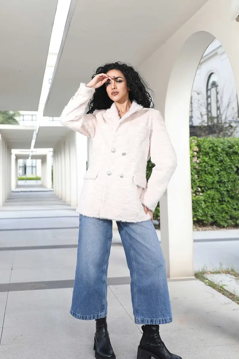Womens Faux Fur Wool Suit Collar Casual Style Jacket Fashion Fake Shearling Short Coat-(28)
