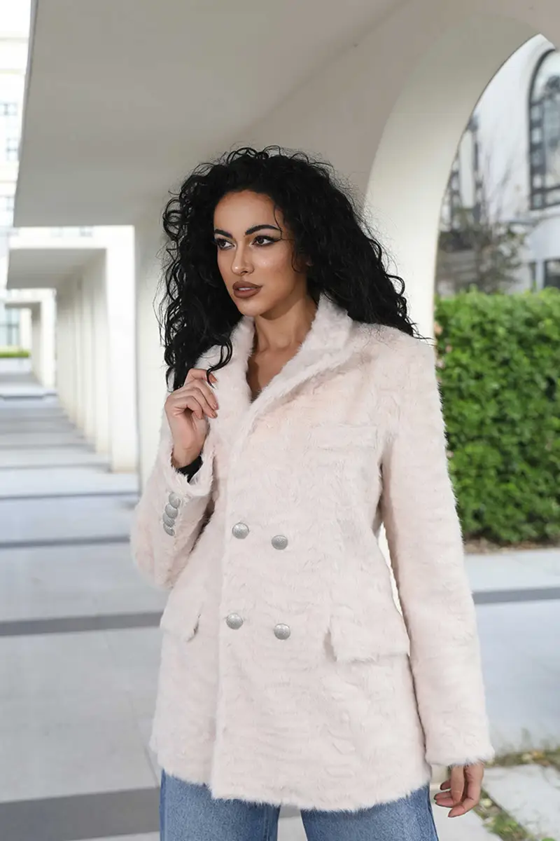 Womens Faux Fur Wool Suit Collar Casual Style Jacket Fashion Fake Shearling Short Coat-(46)