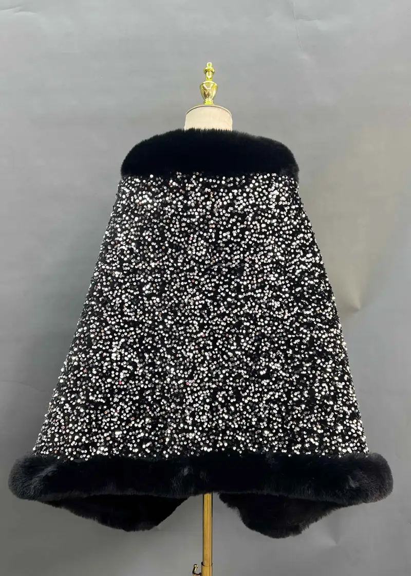 Fashionable Warm Faux Fur Sequined Cape Shawl-(39)