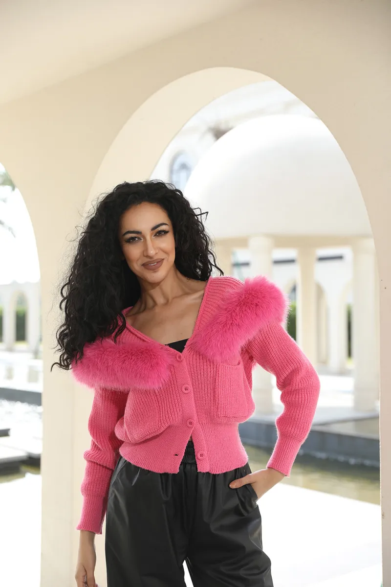 Cropped Knit Button Jacket with Faux Fur Collar Womens Knit Cardigan (44)