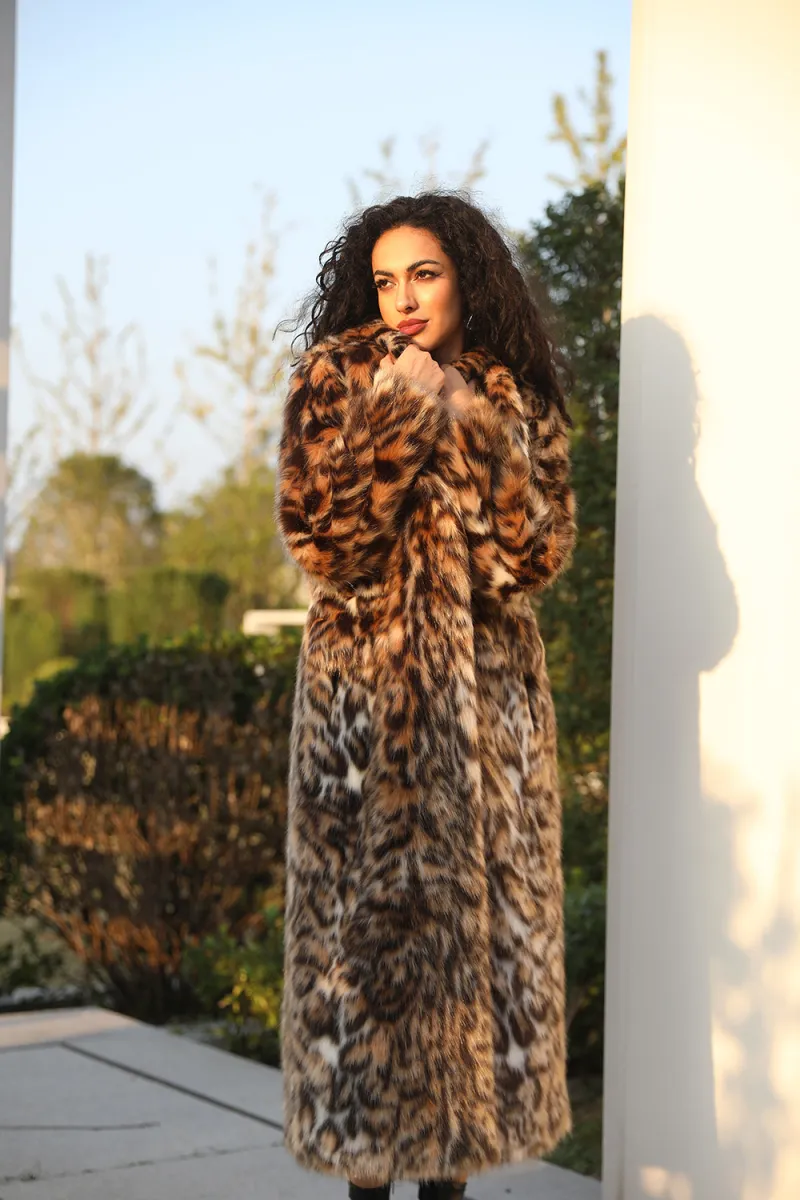 Eco-Friendly Faux Fur Coat Women's New Style Mandarin Collar Leopard Pattern Long Jacket