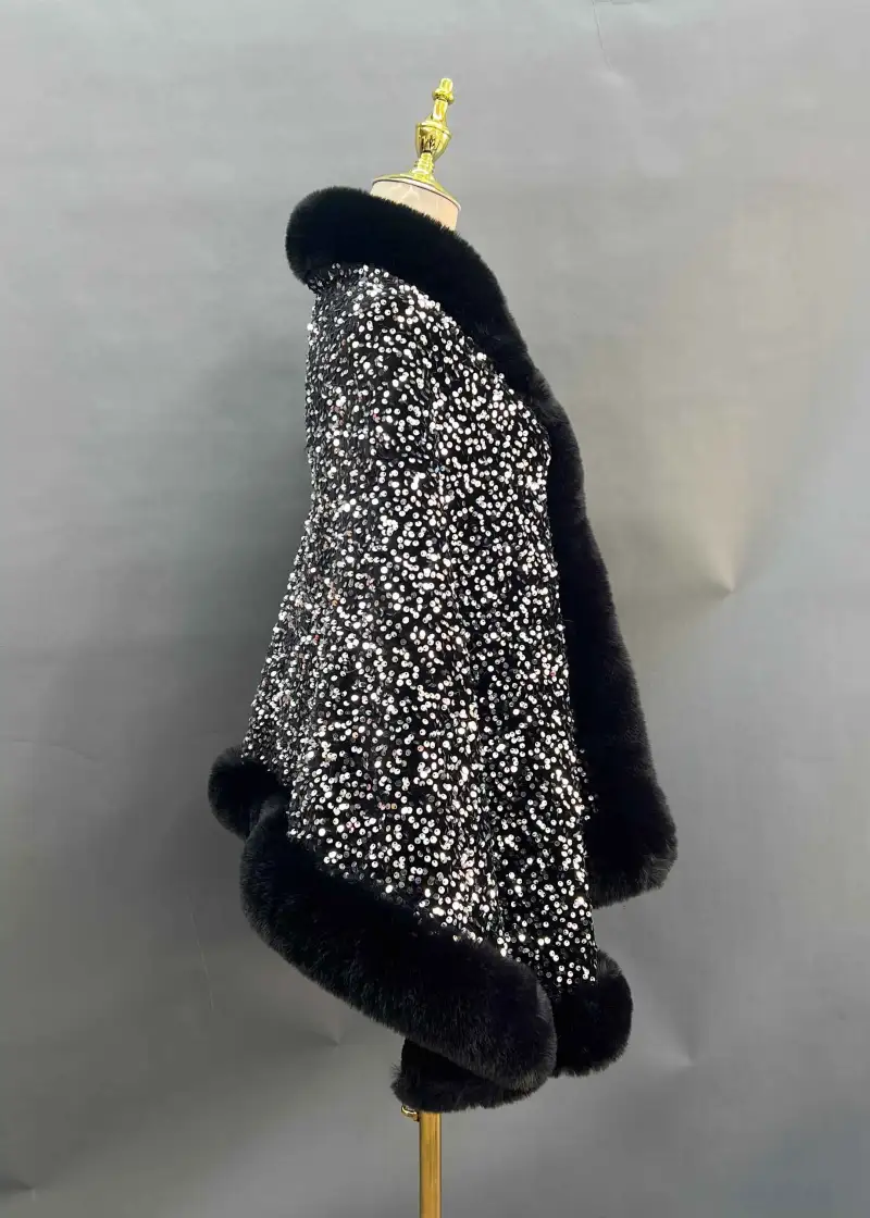 Fashionable Warm Faux Fur Sequined Cape Shawl-(38)