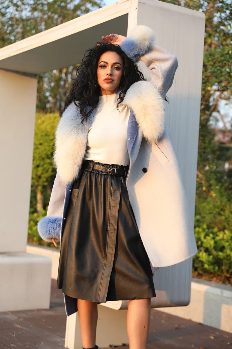 Trendy Gradient Color Real Fox Fur Collar Long Cashmere Coat for Women (12)