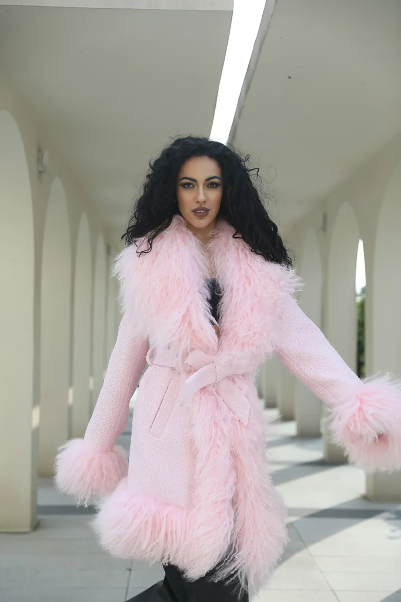 Wholesale Long Mongolian Lamb Fur Womens Fashion Lace Up Fur Coat
