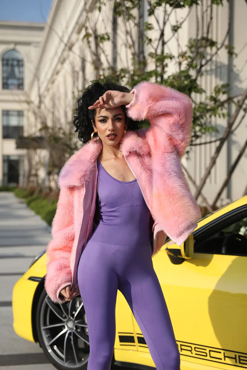 Lapel Zipper Womens Short Gorgeous Pink Faux Fur Jacket (43)