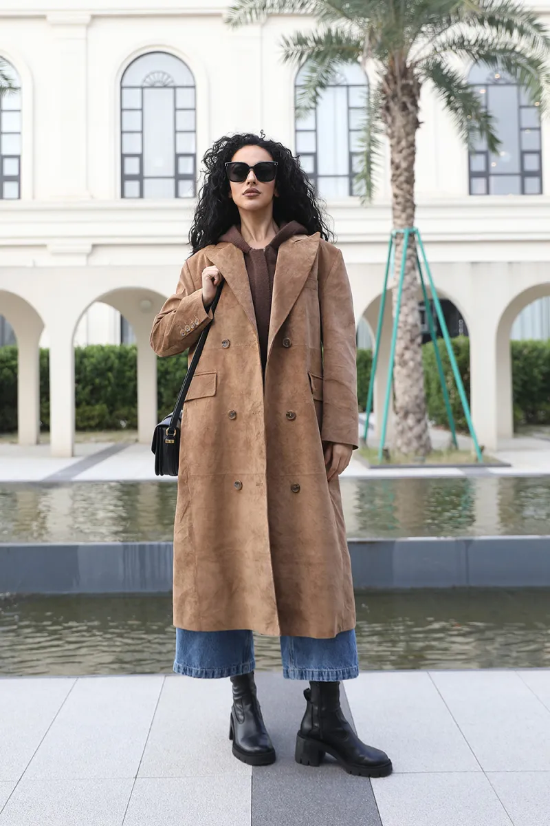Janefur Fashion Suit Collar Double-breasted Long Camel Fake Leather Trench Coat