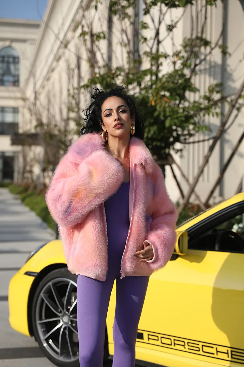 Lapel Zipper Womens Short Gorgeous Pink Faux Fur Jacket