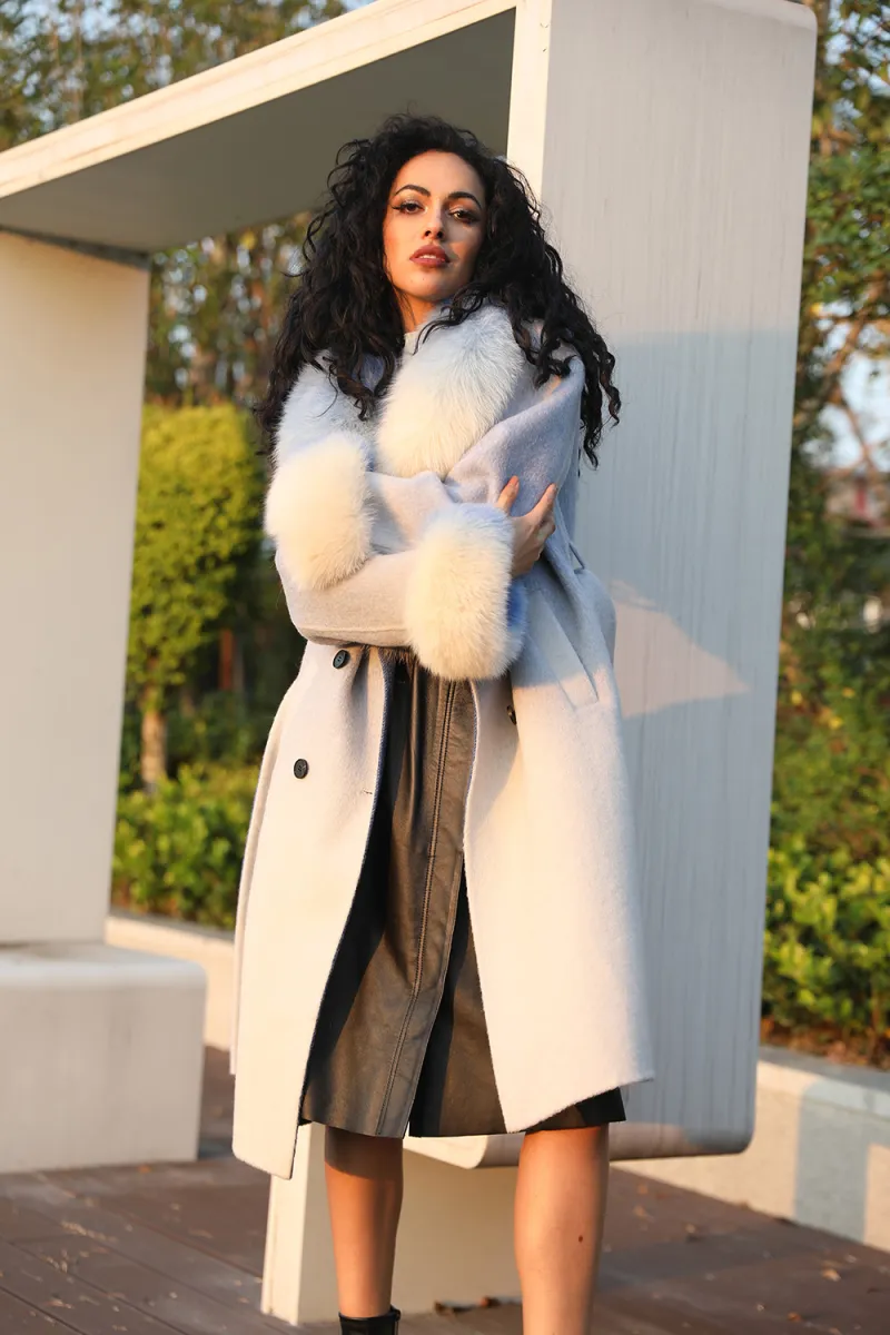 Double-faced Cashmere Coat for Women Gradient Color Suit Collar Fox Fur Collar Double-faced Wool Long Jacket