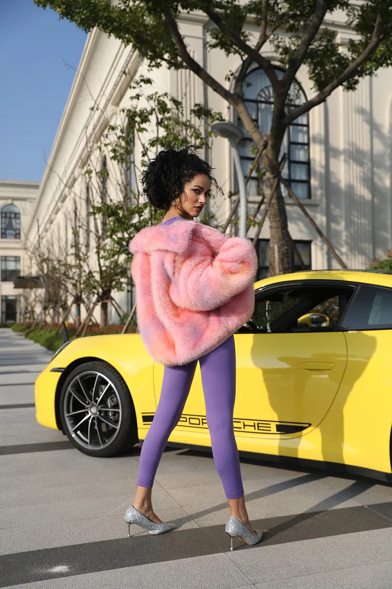 Lapel Zipper Womens Short Gorgeous Pink Faux Fur Jacket (29)