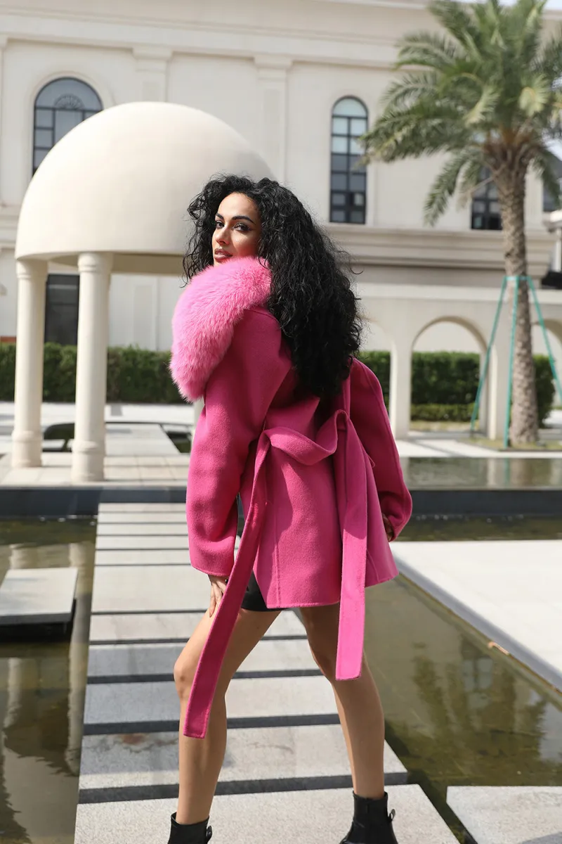 Womens Fashion Cashmere Coat Waisted Shoulder Design Fox Fur Collar Wool Coat-(79)