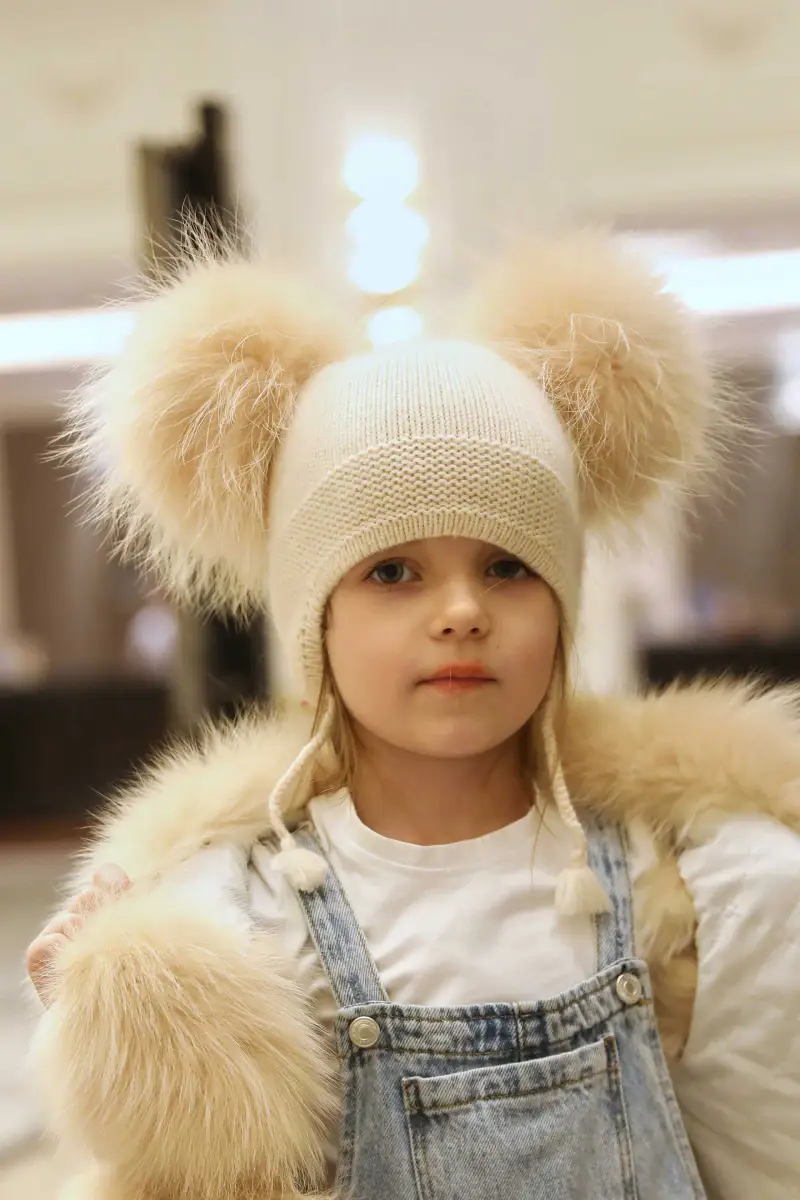 Kids Cute Pigtails Angora Double Raccoon Fur Pom Pom  Hat