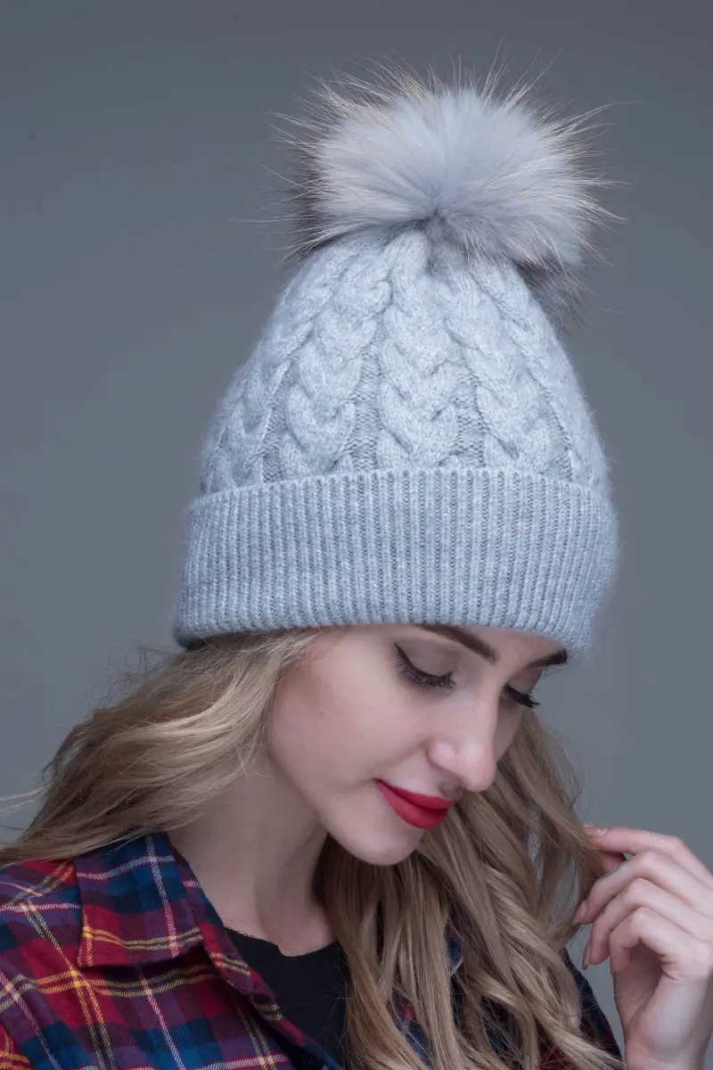 Ladies Beanie Hat Angora Knitted Raccoon Fur Pom Pom Warm Hat