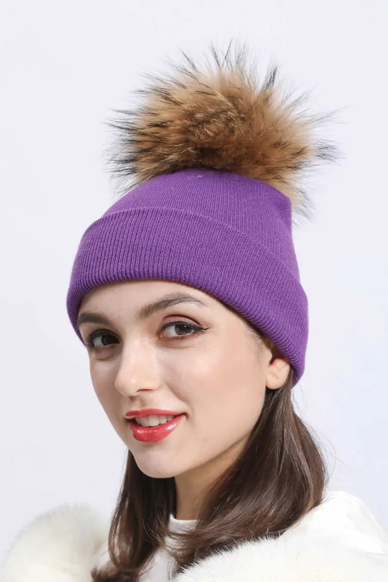Solid Color Acrylic Knitted Hat with Single Fur Pom Pom Women's Knit Cap