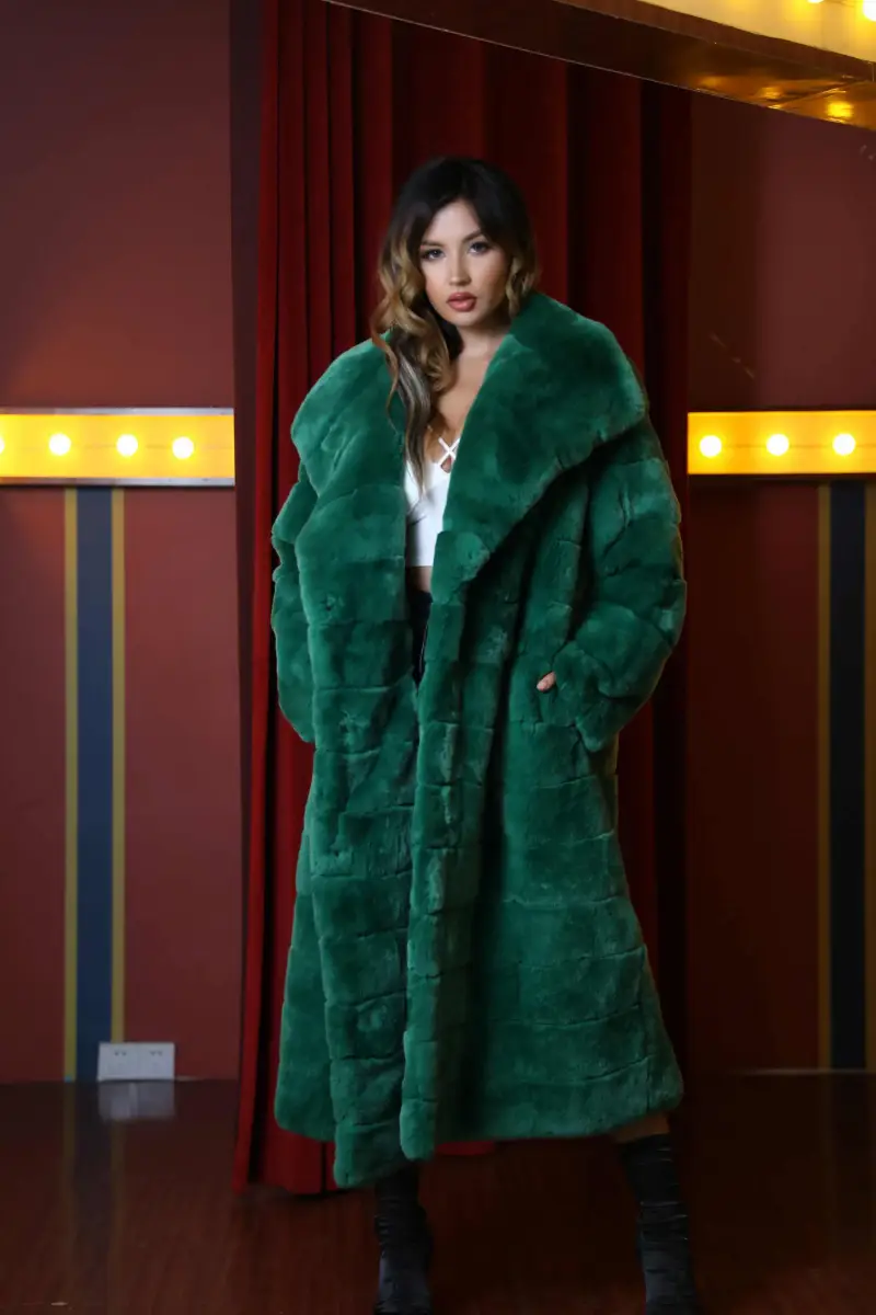 Ladies Real Rabbit Fur Lapel Long Solid Color Fur Coat-(2)