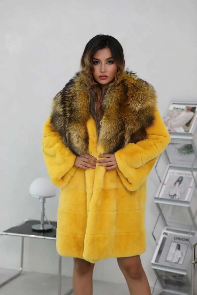 Winter Womens Rabbit Fur Coat Raccoon Fur Collar Real Fur Jacket-(44)