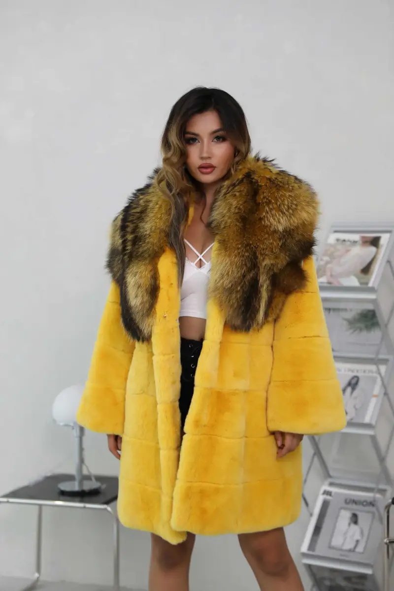 Winter Womens Rabbit Fur Coat Raccoon Fur Collar Real Fur Jacket 