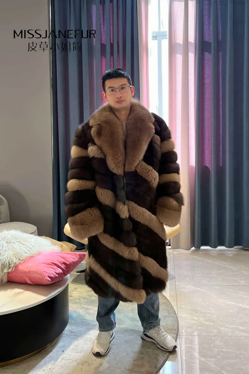 Missjanefur Mens Colorblock Long Fox Fur Coat