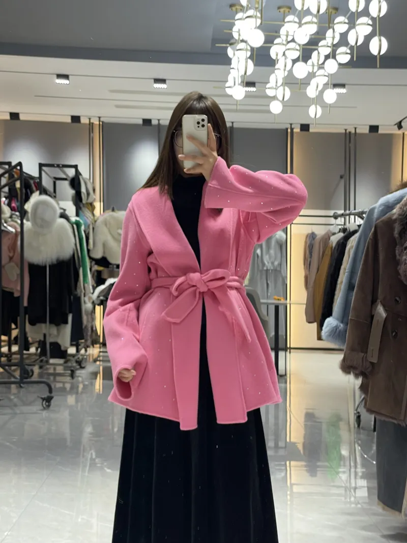 Sparkly Double-Faced Wool Coat for Women – Belted Glitter Shimmer Wrap Jacket in Hot Pink