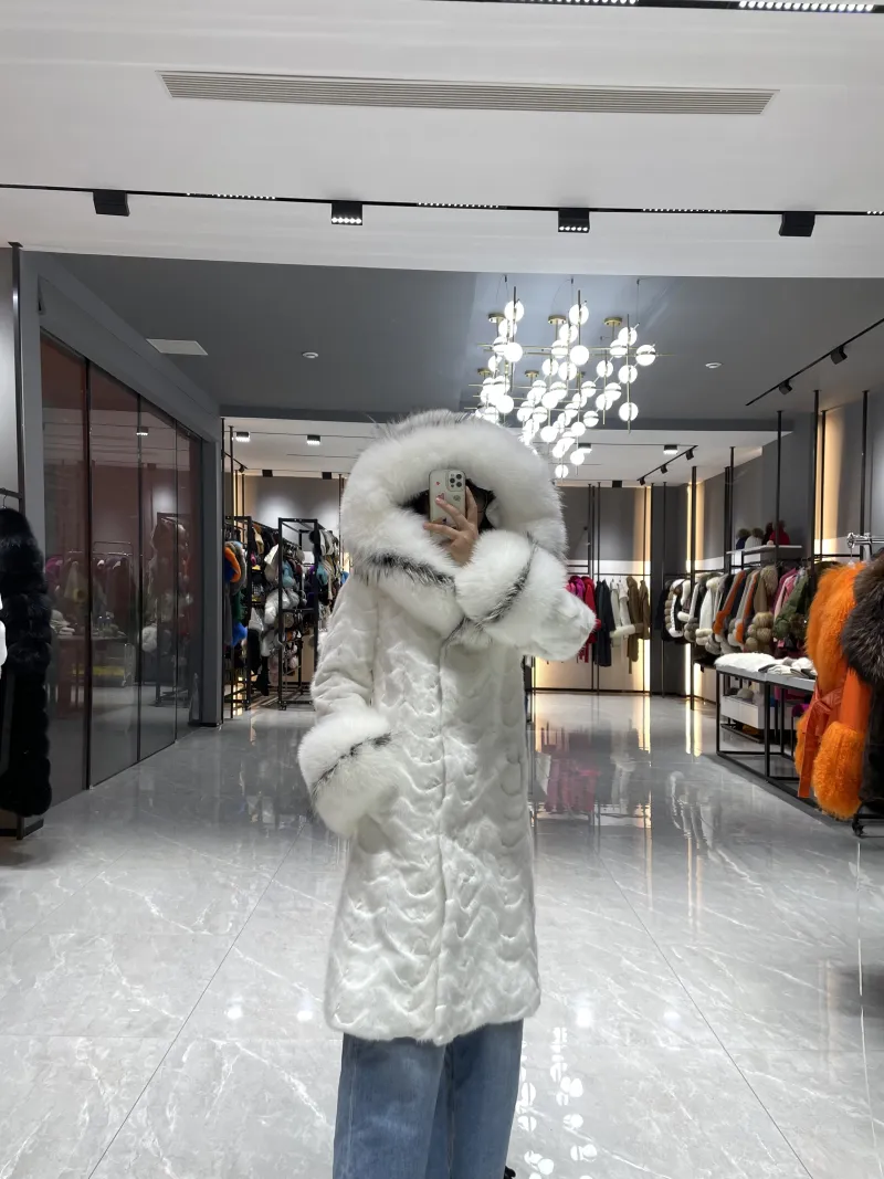 Luxury Long Mink Fur Coat with Fox Fur Hood & Cuffs – Women's Winter Warm Hooded Overcoat | OEM & ODM Available