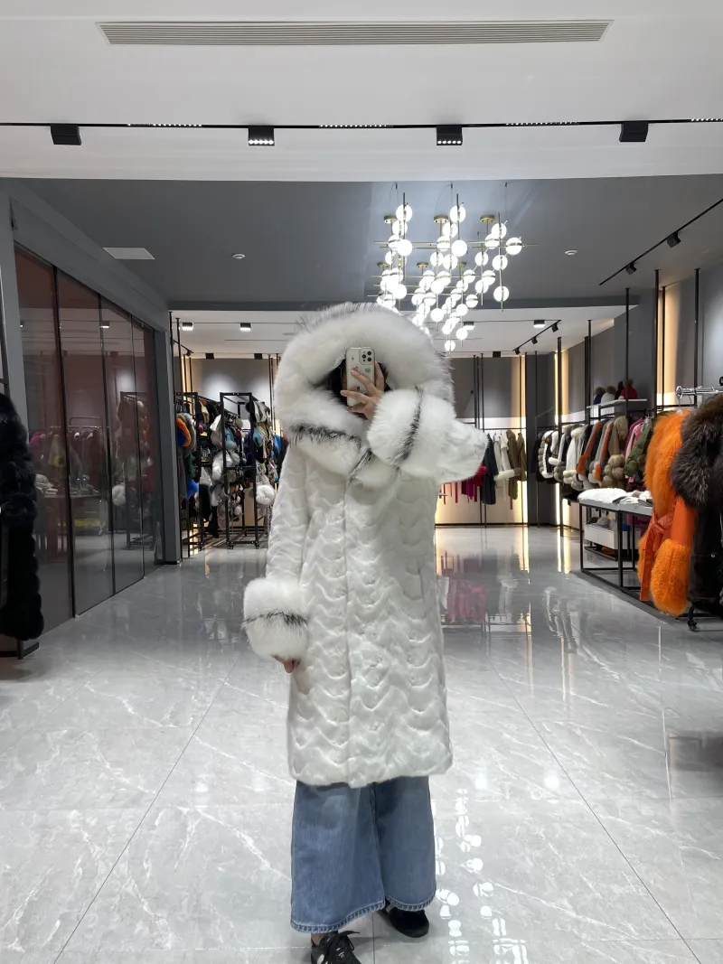 Luxury Long Mink Fur Coat with Fox Fur Hood & Cuffs – Women's Winter Warm Hooded Overcoat | OEM & ODM Available
