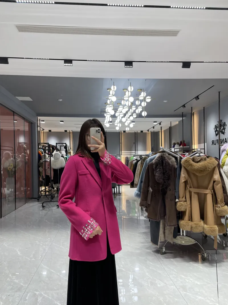 Tailored Double-Faced Wool Blazer with Rhinestone Cuff Embellishments – Hot Pink Statement Coat for Women