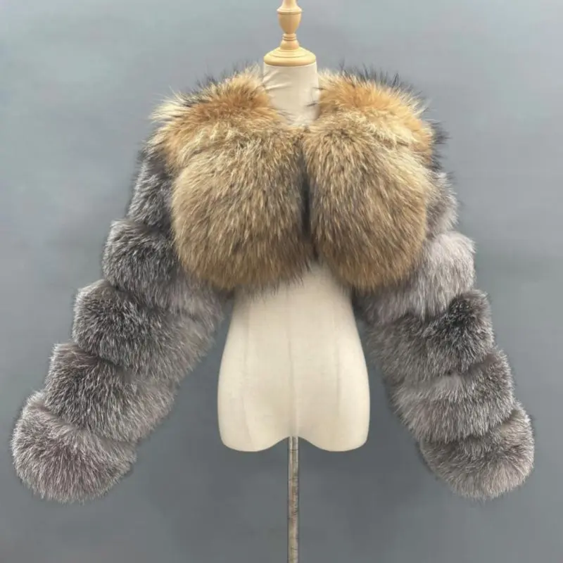 Short Style Women Real Fur Coat Fashion Ladies Long Sleeve Pink Natural Fox Fur JacketColor:Grey