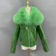 Women's short fox fur collar bright leather coatColor:Green
