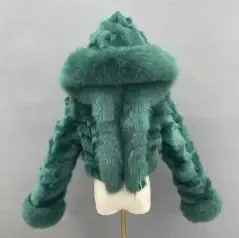 Luxury women's winter short leather straw hooded coatColor:Dark green