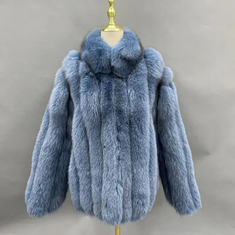 Unisex stand collar vertical stripe real fox fur thick coatColor:Blue