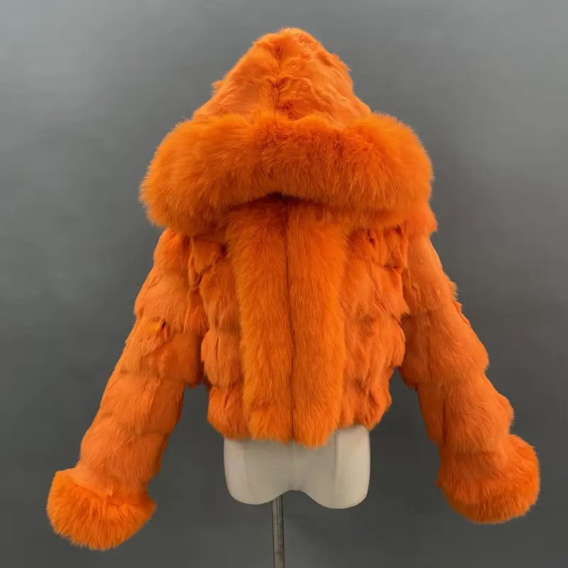 Luxury women's winter short leather straw hooded coatColor:Orange