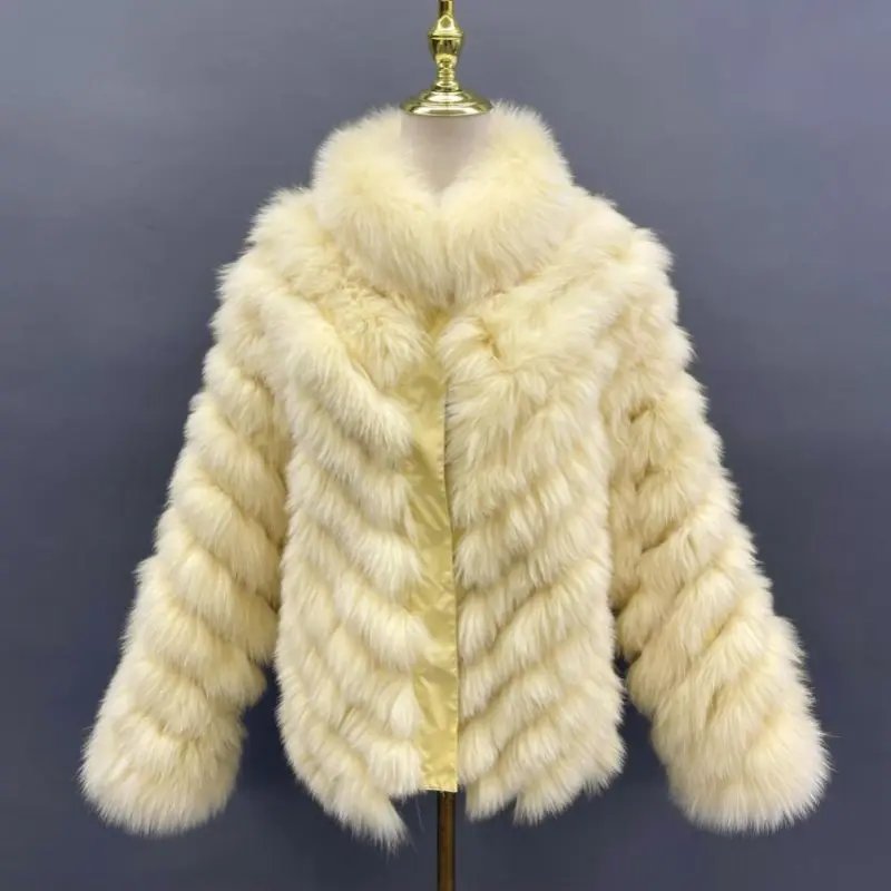 Removable collar double-sided women's silk fabric winter fox fur short coatColor:Yellow