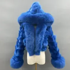 Luxury women's winter short leather straw hooded coatColor:Blue