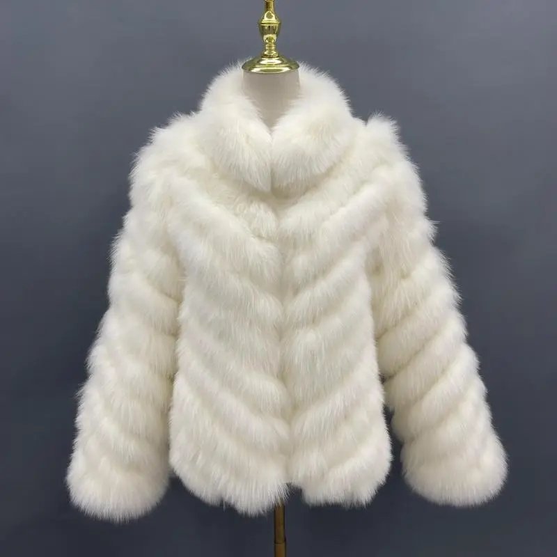 Removable collar double-sided women's silk fabric winter fox fur short coatColor:White